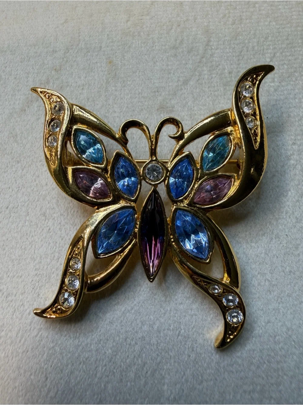 Gold-Tone Multicolor Butterfly Brooch - Blue Pink Accents